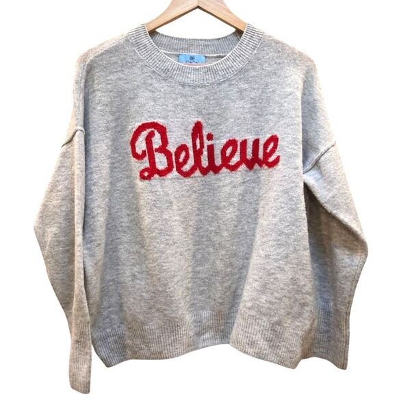 Cece Believe Holiday Women's Sweater Gray Crew Neck Cozy Soft Christmas Red S - Picture 1 of 5